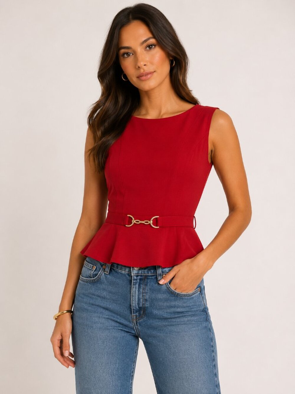 NEW Rachel Roy Peplum Top Red Gold Hardware Sleeveless Stretch Blouse Medium
